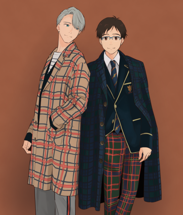 2boys, black_hair, blazer, blue-framed_eyewear, blue_eyes, brown_background, brown_eyes, cacao_(umri)