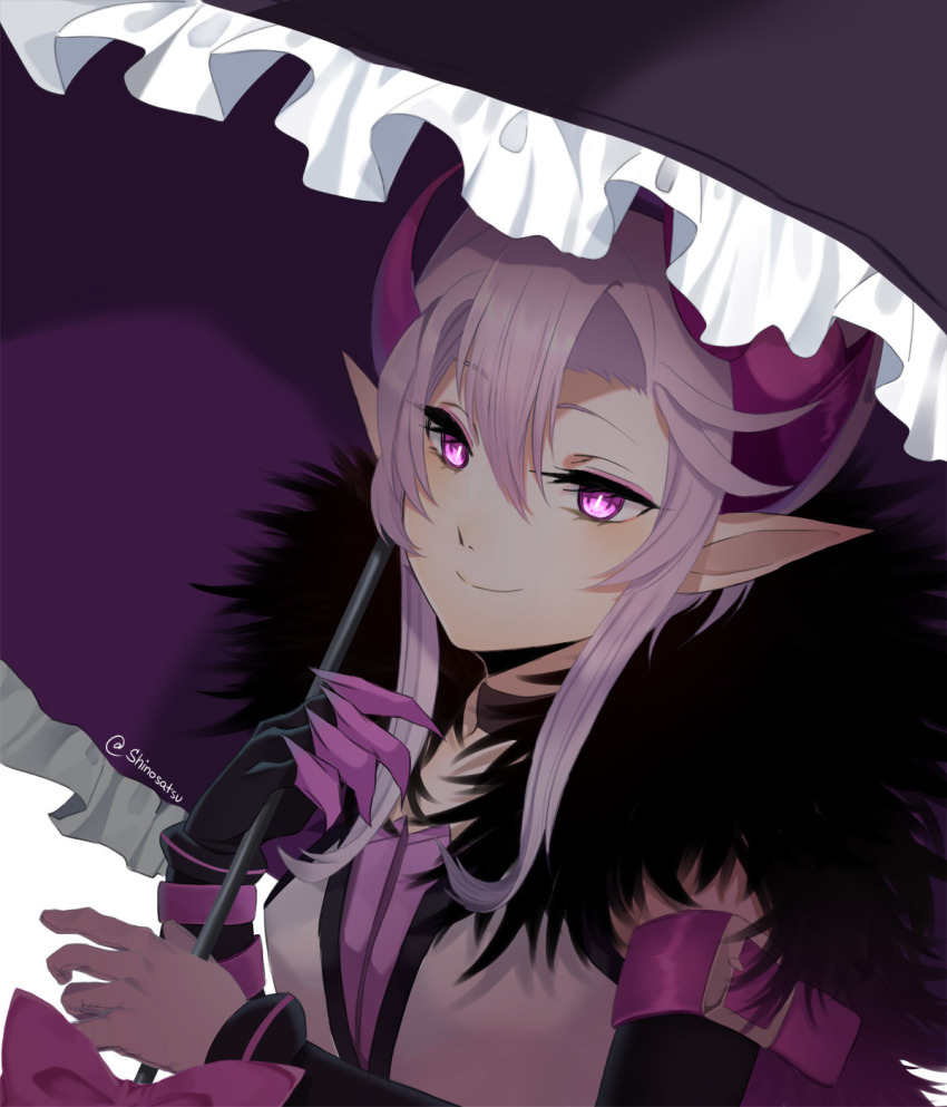 arukiyuusei, bad_id, bad_twitter_id, blouse, chromatic_aberration, demon_girl, dress, frilled_umbrella, frills, gauntlets, grand_chase, highres, holding, holding_umbrella, horns, pointy_ears, purple_eyes, purple_hair, rasel_coriander_(grand_chase), ribbon, shirt, sleeveless, sleeveless_shirt, solo, umbrella, white_shirt