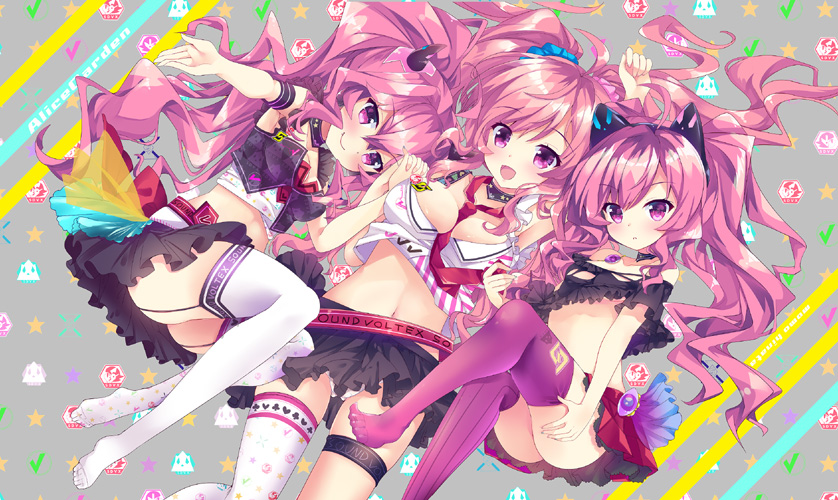 3girls, :d, animal_ears, ass, asymmetrical_legwear, bare_shoulders, bemani, between_breasts, black_shirt, black_skirt, blouse, blue_scrunchie, blush, breasts, cat_ears, cleavage, closed_mouth, commentary_request, crop_top, fang, fang_out, garter_straps, girl_sandwich, grace_(believe_your_wings)_(sound_voltex), grace_(sound_voltex), hair_between_eyes, hair_ornament, hair_scrunchie, head_tilt, hinata_momo, holding_hands, horns, interlocked_fingers, large_breasts, long_hair, midriff, mismatched_legwear, multiple_girls, nail_polish, navel, necktie, necktie_between_breasts, no_shoes, open_mouth, outstretched_arm, pink_hair, pink_scrunchie, pink_thighhighs, pleated_skirt, purple_eyes, rasis, rasis_(believe_your_wings), red_neckwear, sandwiched, scrunchie, shirt, single_thighhigh, skirt, smile, sound_voltex, striped_clothes, striped_thighhighs, thighhighs, uneven_legwear, vertical-striped_clothes, vertical-striped_thighhighs, very_long_hair, white_shirt, white_thighhighs