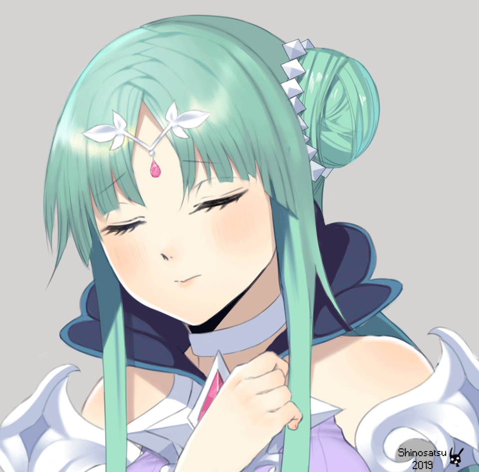 1girl, animated, animated_gif, blush, clenched_hands, close-up, closed_eyes, closed_mouth, female_focus, grand_chase, green_eyes, green_hair, grey_background, hair_bun, headdress, open_mouth, shinosatsu, simple_background, single_hair_bun, solo, tagme