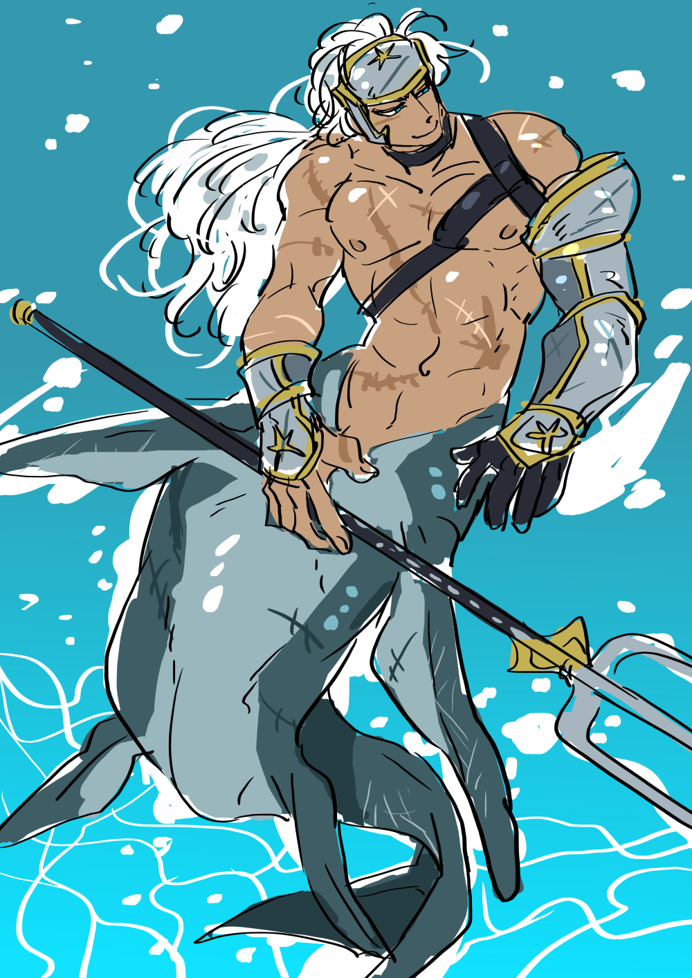 1boy, blue_eyes, dark-skinned_male, dark_skin, full_body, gauntlets, highres, long_hair