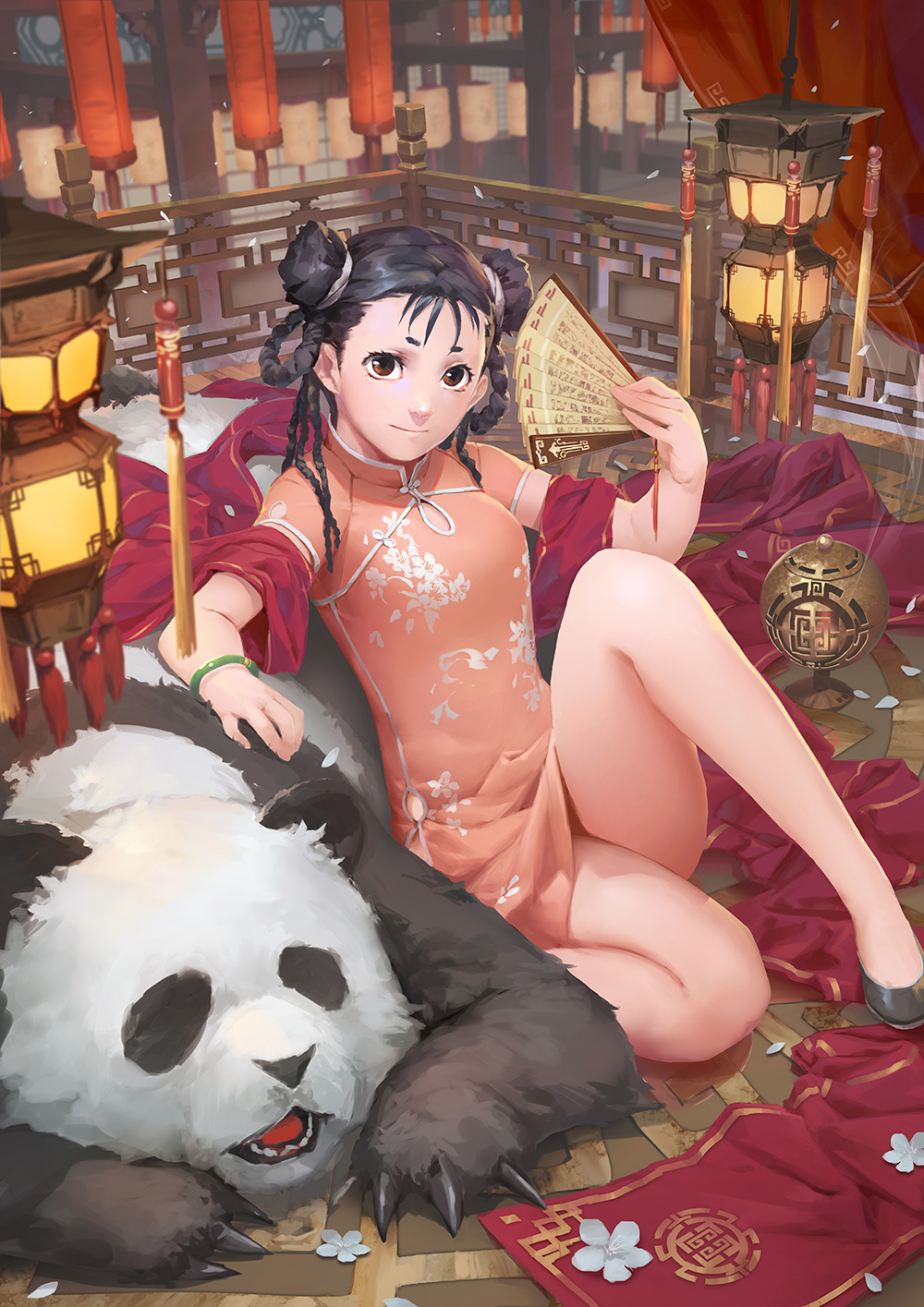 1girl, baraba_baba, black_hair, bracelet, brown_eyes, china_dress, chinese_clothes, claws