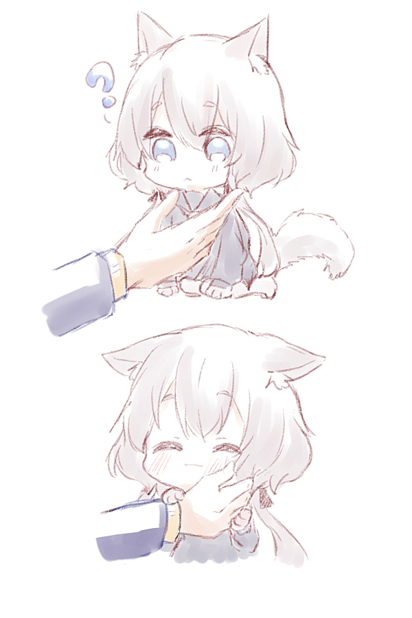 10s, 1girl, ?, animal_ear_fluff, animal_ears, blue_eyes, blush, chibi, closed_eyes, grey_hair, hand_on_another's_chin, kneeling, konno_junko, mini_person, minigirl, niboshi_(1846525664), school_uniform, short_hair, short_hair_with_long_locks, simple_background, smile, solo_focus, tail, white_background, zombie_land_saga