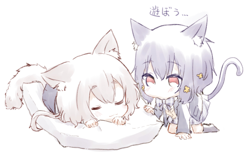 10s, 2girls, animal_ear_fluff, animal_ears, blue_hair, cat_ears, cat_tail, chibi