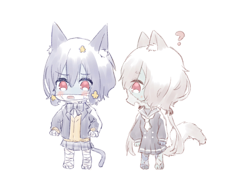 10s, 2girls, ?, animal_ear_fluff, animal_ears, bandaged_hand, bandaged_head, bandaged_leg