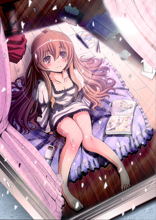 00s, 1girl, aisaka_taiga, barefoot, blush, breasts, brown_eyes, brown_hair
