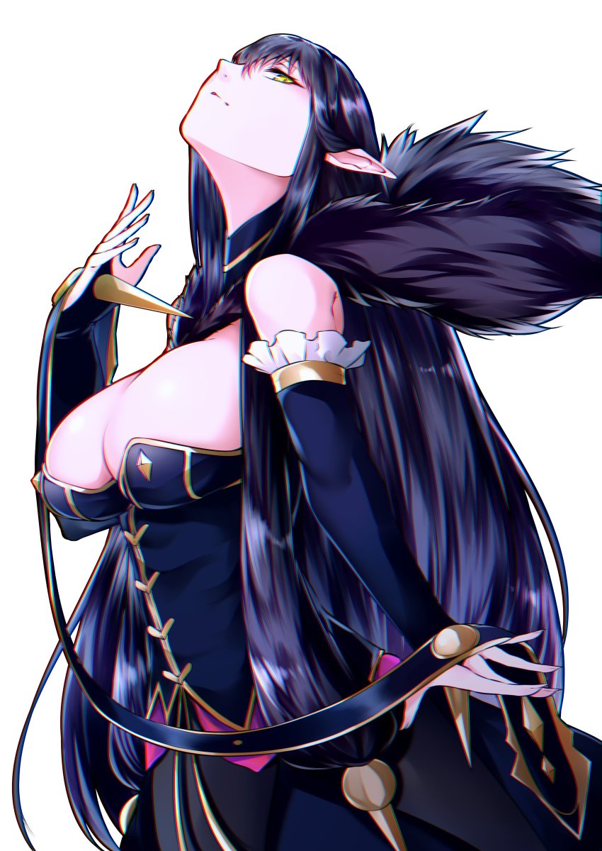 1girl, absurdres, bare_shoulders, black_detached_sleeves, black_dress, black_hair, breasts, bridal_gauntlets, chromatic_aberration, cleavage, closed_mouth, detached_sleeves, dress, fate/apocrypha, fate/grand_order, fate_(series), female_focus, frilled_detached_sleeves, frills, fur_trim, hair_between_eyes, head_back, highres, large_breasts, len_(hand_linke), long_dress, long_hair, looking_at_viewer, neck, pointy_ears, semiramis_(fate), simple_background, solo, spikes, standing, type-moon, white_background, yellow_eyes