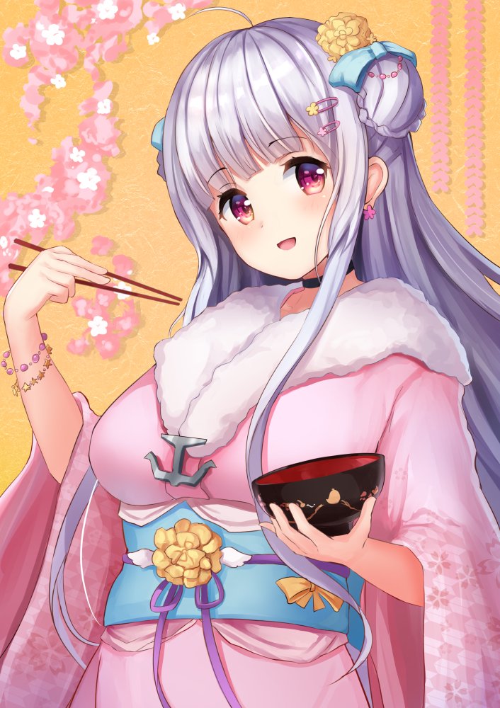 1girl, :d, anchor, azur_lane, bowl, bracelet, breasts, cherry_blossoms, chopsticks, cygnet_(azur_lane), cygnet_(winter_date)_(azur_lane), double_bun, earrings, female_focus, flower, hair_bun, hair_flower, hair_ornament, hairclip, japanese_clothes, jewelry, kimono, long_hair, manda_(manda9n), obi, open_mouth, red_eyes, sash, smile, solo, white_hair