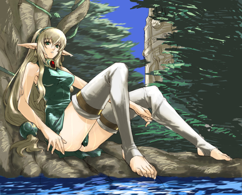 1girl, armpits, barefoot, culdcept, earrings, elf, feet, female_focus