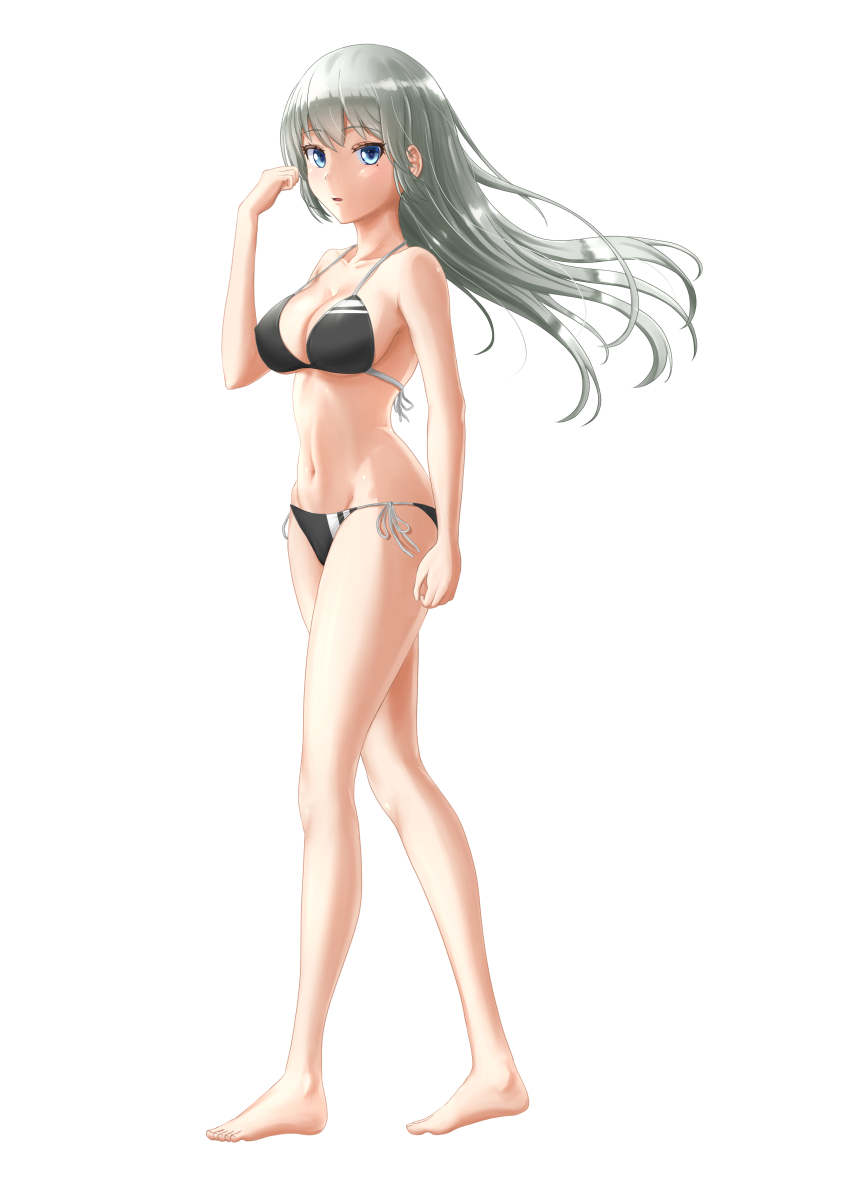 1girl, absurdres, barefoot, bikini, black_bikini, blue_eyes, breasts, cleavage