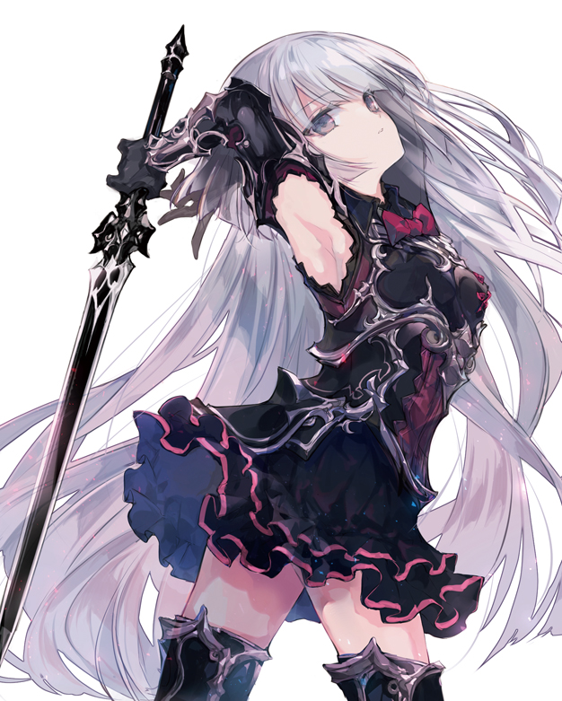 1girl, armor, armored_boots, armpits, arms_up, black_gloves, black_shirt, black_skirt