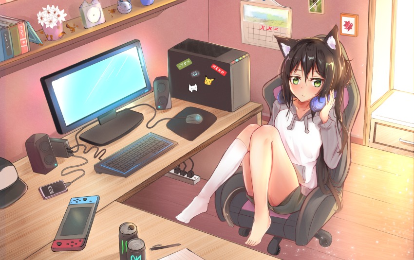 1girl, :3, animal_ears, baseball_cap, bongo_cat_(character), bongo_cat_(meme), book, calendar_(object), cat_ears, cat_girl, cat_tail, cellphone, chair, clock, computer, computer_keyboard, computer_mouse, computer_tower, desk, drawer, drink, electric_plug, electrical_outlet, external_hard_drive, from_above, game_controller, gen_1_pokemon, green_eyes, hat, headphones, headphones_around_neck, highres, indoors, joy-con, kneehighs, knees_together_feet_apart, leaf, lined_paper, monitor, nintendo, nintendo_switch, office_chair, original, phone, picture_frame, pikachu, plant, pokemon, pokemon_(creature), potted_plant, power_strip, short_shorts, shorts, shuuzo3, single_kneehigh, single_sock, sitting, smartphone, socks, sticker, swivel_chair, tagme, tail, unworn_hat, unworn_headwear, white_socks, wooden_floor