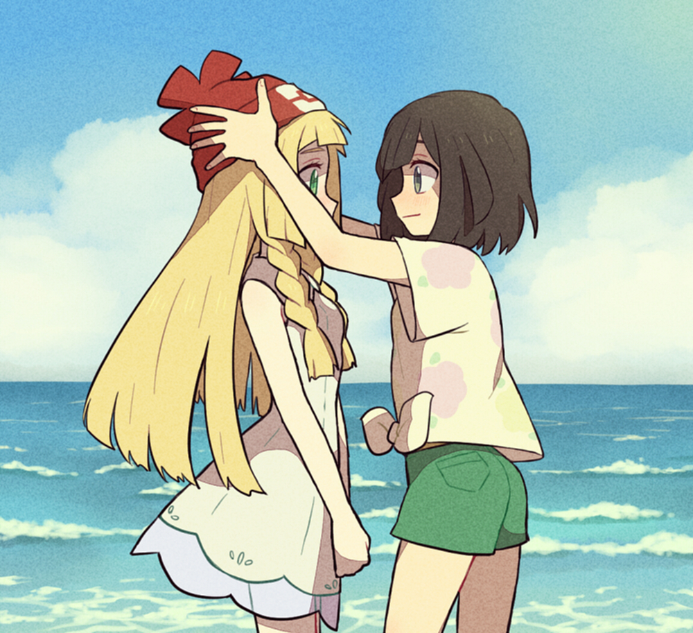 2girls, arms_up, bare_shoulders, beanie, black_hair, blonde_hair, blue_sky, blunt_bangs, blush, braid, closed_mouth, cloud, day, dress, eye_contact, face-to-face, fingernails, flat_chest, floral_print, from_side, green_eyes, green_shorts, grey_eyes, hand_on_another's_head, happy, hat, hat_switch, lillie_(pokemon), long_hair, looking_at_another, multiple_girls, nintendo, ocean, outdoors, poke_ball_theme, pokemon, pokemon_sun_and_moon, profile, red_hat, see-through_clothes, selene_(pokemon), shirt, shiwo_(siwosi), short_hair, short_shorts, short_sleeves, shorts, sky, sleeveless, sleeveless_dress, smile, standing, tied_shirt, twin_braids, v_arms, very_long_hair, water, white_dress, yellow_shirt