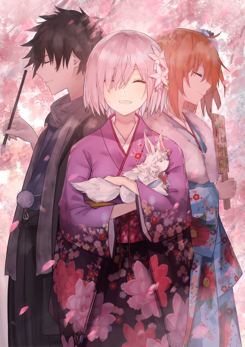 1boy, 2girls, ^_^, absurdres, ahoge, alternate_costume, black_hair, black_hakama