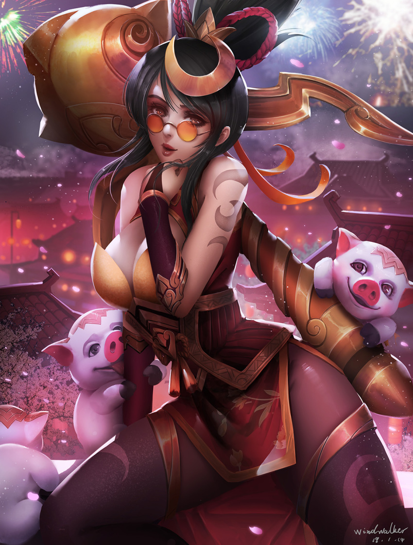 1girl, black_hair, china_dress, chinese_clothes, dress, firecracker_vayne, fireworks, glasses, highres, league_of_legends, lipstick, looking_over_eyewear, looking_over_glasses, makeup, orange-tinted_eyewear, orange-tinted_glasses, pantyhose, pig, vayne_(league_of_legends), sunglasses, thighhighs, tinted_eyewear, turewindwalker