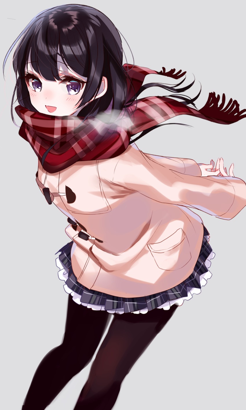 1girl, :d, arms_behind_back, black_hair, blush, breath, brown_coat, brown_pantyhose