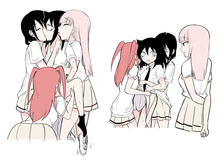 bags_under_eyes, black_hair, cyber_dragon-kun, girl_sandwich, harem, katou_asuka, kiss, kuroki_tomoko, licking, long_hair, multiple_girls, nemoto_hina, sandwiched, shoes, simple_background, sweat, tamura_yuri, teamwork, two_side_up, undressing, uwabaki, watashi_ga_motenai_no_wa_dou_kangaetemo_omaera_ga_warui!, white_background, yuri