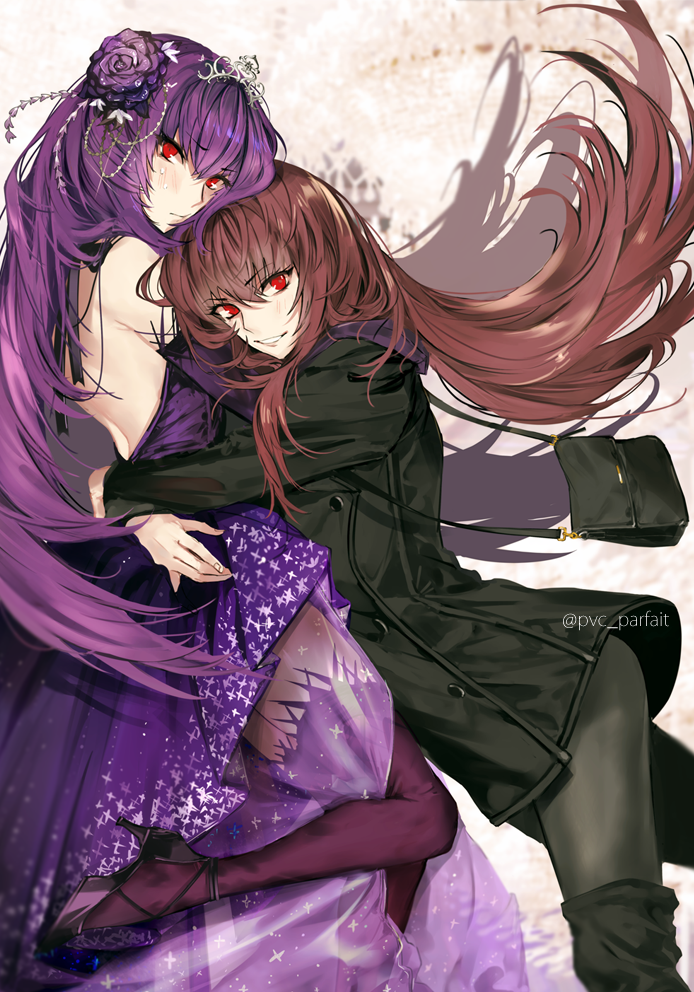 2girls, backless_outfit, bag, bare_shoulders, black_legwear, blush, coat, dress