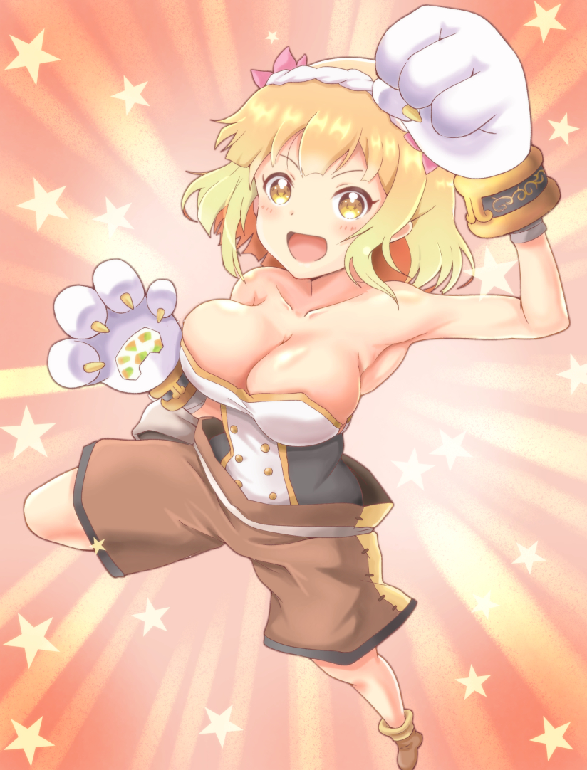 1girl, :d, animal_hands, armpits, blonde_hair, blush, breasts, brown_footwear