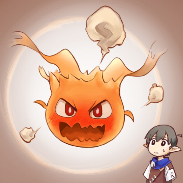 1boy, 1girl, black_eyes, black_hair, blush, bomb_(final_fantasy), brown_background, cosplay