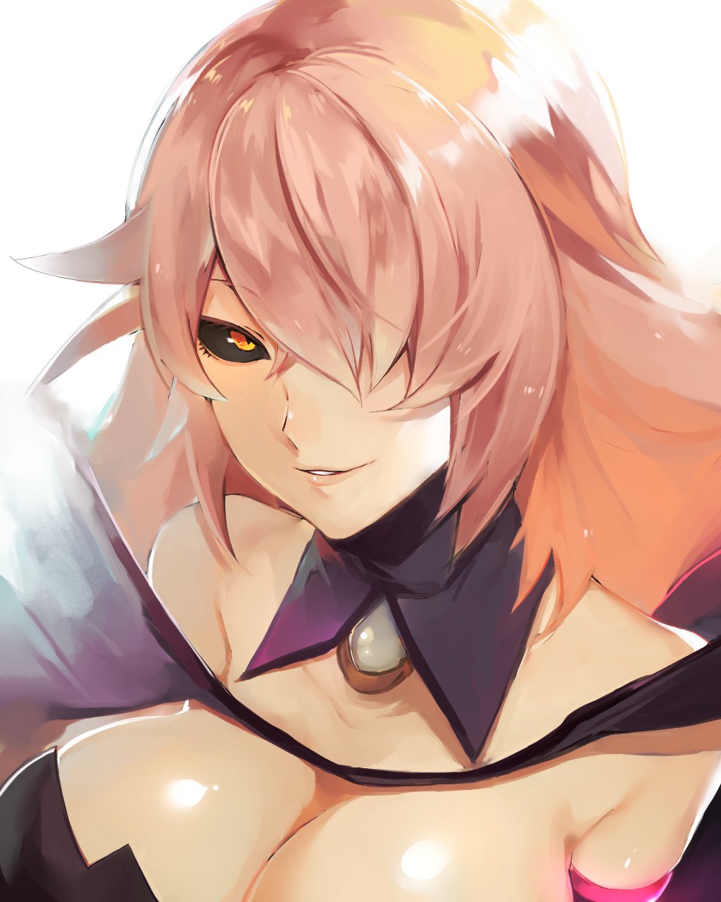 1girl, bad_id, bad_twitter_id, bare_shoulders, black_sclera, blazblue, blazblue:_central_fiction, breasts, cleavage, colored_sclera, female_focus, hair_over_one_eye, highres, konoe_a._mercury, large_breasts, long_hair, looking_at_viewer, lor_(roasyerizyonirapi), pink_hair, simple_background, smile, solo, white_background, witch, yellow_eyes