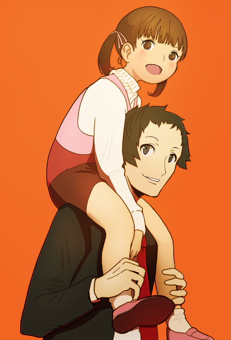 1boy, 1girl, adachi_tooru, black_hair, brown_eyes, brown_hair, child, commentary_request