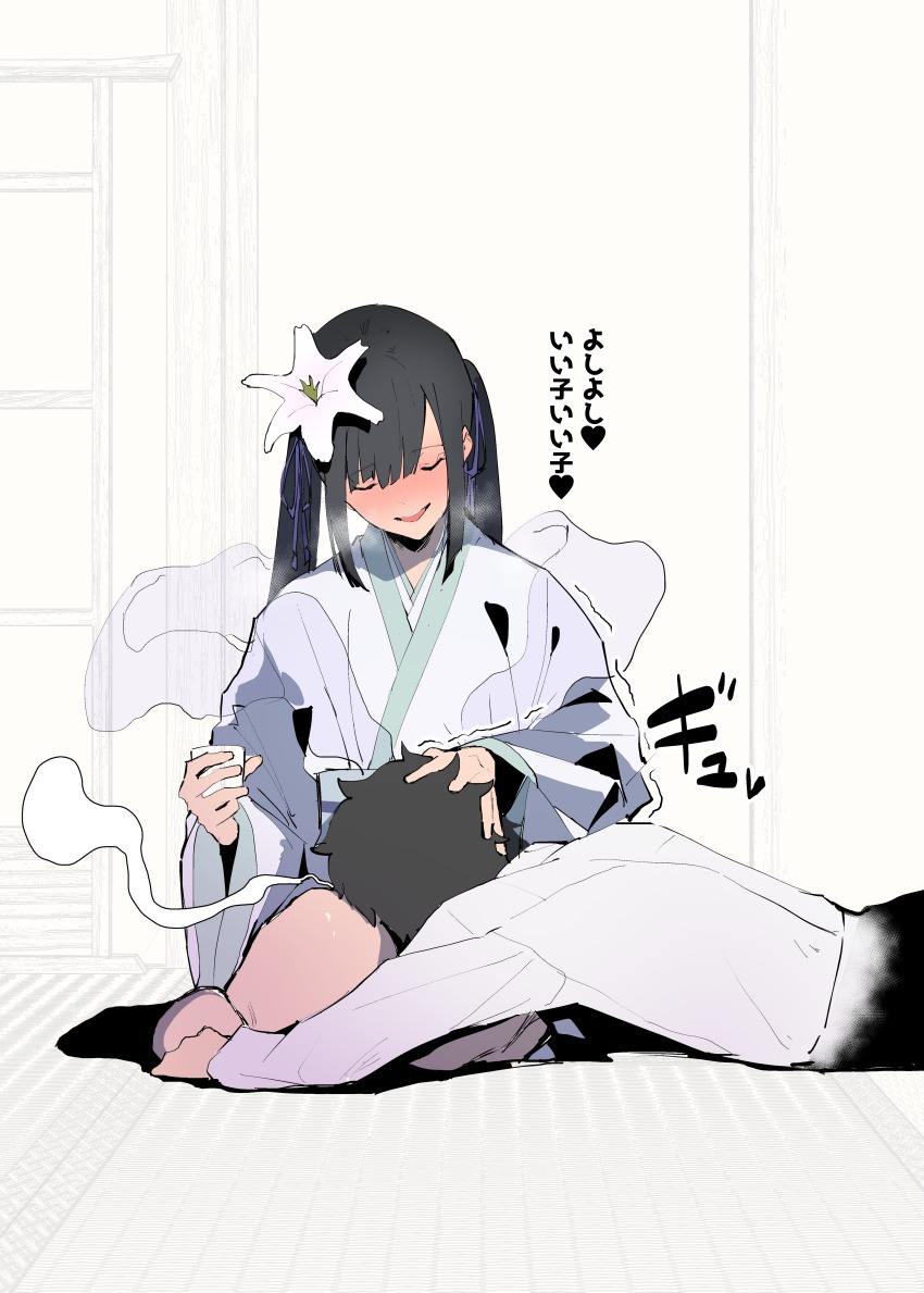 1boy, 1girl, absurdres, black_hair, blush, chinese_clothes, closed_eyes, cup, fate/grand_order, fate_(series), flower, fujimaru_ritsuka_(male), hair_flower, hair_ornament, hanfu, headpat, highres, jikatarou, jing_ke_(fate), long_hair, lying, on_stomach, sash, sitting, smile, teeth, translated, twintails