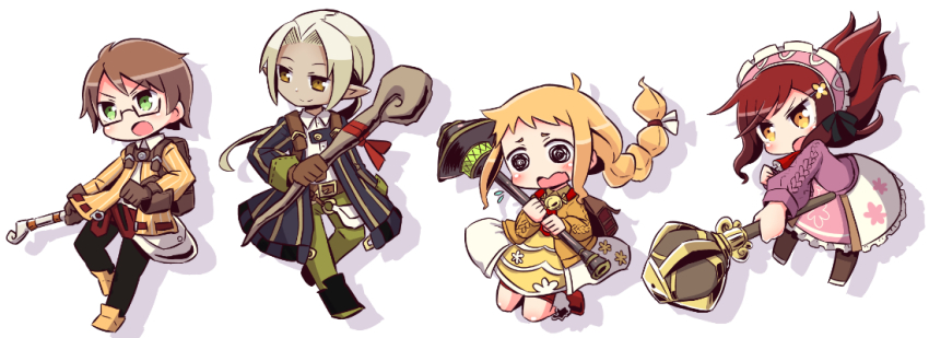 2boys, 2girls, 7th_dragon, 7th_dragon_(series), :o, aran_sweater, belt, belt_buckle