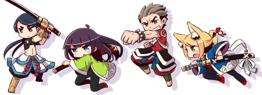 2boys, 2girls, 7th_dragon, 7th_dragon_(series), :o, animal_ear_fluff, animal_ears, bell