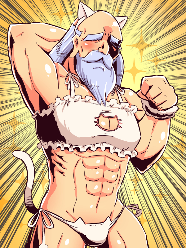 1boy, abs, animal_ears, arm_behind_head, arm_up, bare_shoulders, beard, bra