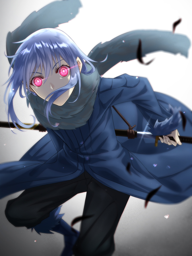 10s, androgynous, blue_hair, gender_request, glowing, glowing_eyes, kazuya_31, long_hair, looking_at_viewer, photoshop_(medium), raphael_(tensei_shitara_slime_datta_ken), red_eyes, rimuru_tempest, scarf, solo, sword, tensei_shitara_slime_datta_ken, weapon