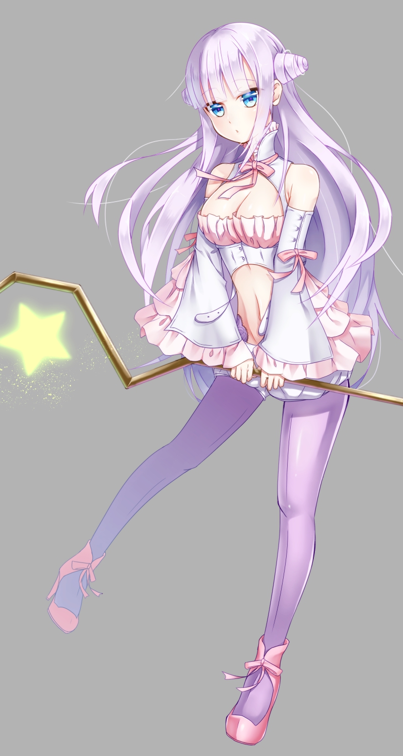 1girl, blue_eyes, blunt_bangs, breasts, cleavage, cone_hair_bun, detached_sleeves, female_focus