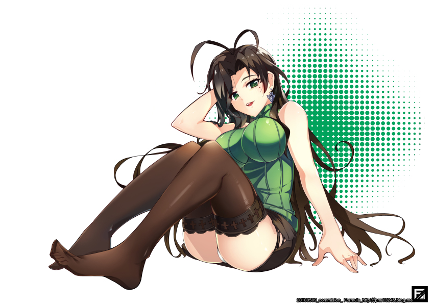 10s, 1girl, absurdres, antenna_hair, bare_shoulders, black_hair, blush, breasts, earrings, feet, female_focus, fomyu_(formula), green_eyes, hasegawa_chisato, highres, jewelry, large_breasts, long_hair, mole, mole_under_eye, no_shoes, panties, ribbed_sweater, shinmai_maou_no_testament, skirt, smile, solo, sweater, thighhighs, turtleneck, underwear
