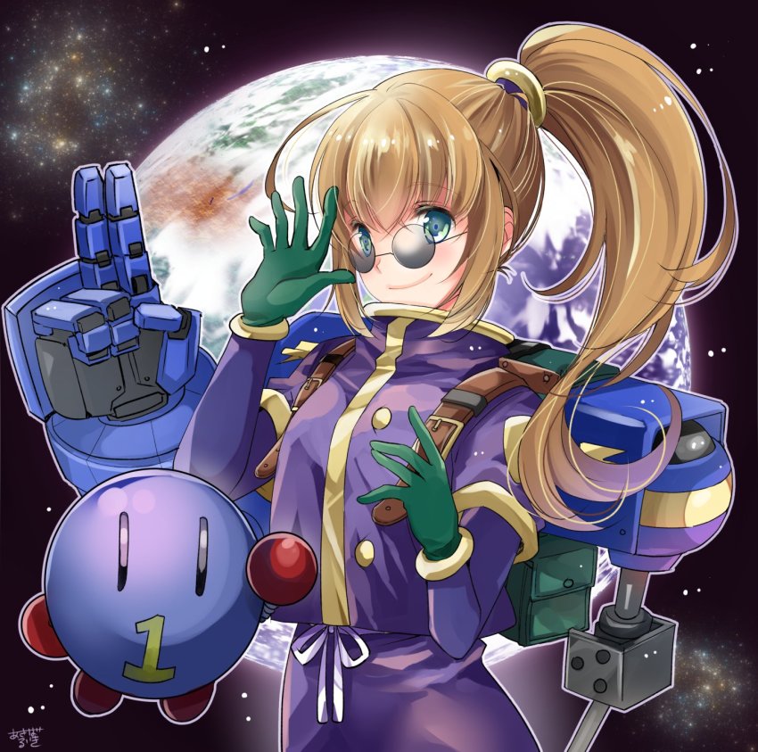1girl, bobot, breasts, brown_hair, commentary_request, earth_(planet), gloves, highres