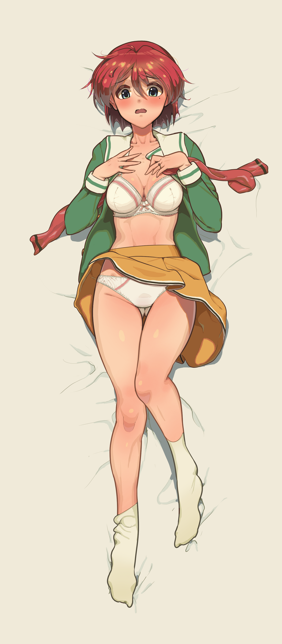 1girl, amatsu_amaguri, bed_sheet, blouse, blue_eyes, blush, bow, bow_bra, bra, commentary_request, dakimakura_(medium), embarrassed, female_focus, from_above, frown, full_body, gluteal_fold, green_shirt, hands_on_own_chest, hibikino_high_school_uniform, highres, hinomoto_hikari, jewelry, lace, lace-trimmed_bra, lace-trimmed_panties, lace_trim, legs, looking_at_viewer, lying, miniskirt, mole, mole_under_eye, neckerchief, on_back, on_bed, open_clothes, open_mouth, open_shirt, panties, partial_commentary, print_skirt, red_hair, red_neckerchief, ring, school_uniform, shirt, short_hair, single_horizontal_stripe, skirt, socks, solo, thigh_gap, tokimeki_memorial, tokimeki_memorial_2, underwear, unworn_neckerchief, white_bra, white_panties, white_socks, yellow_skirt