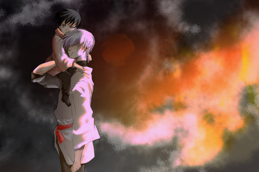 00s, 2boys, age_difference, aged_down, aki_(sakami), black_hair, carrying, child