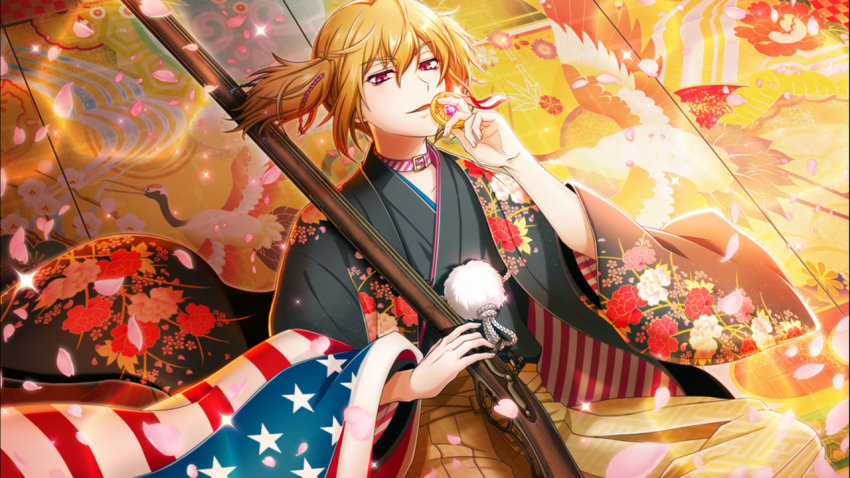 american_flag, antique_firearm, blonde_hair, collar, dutch_angle, firearm, firelock, flintlock