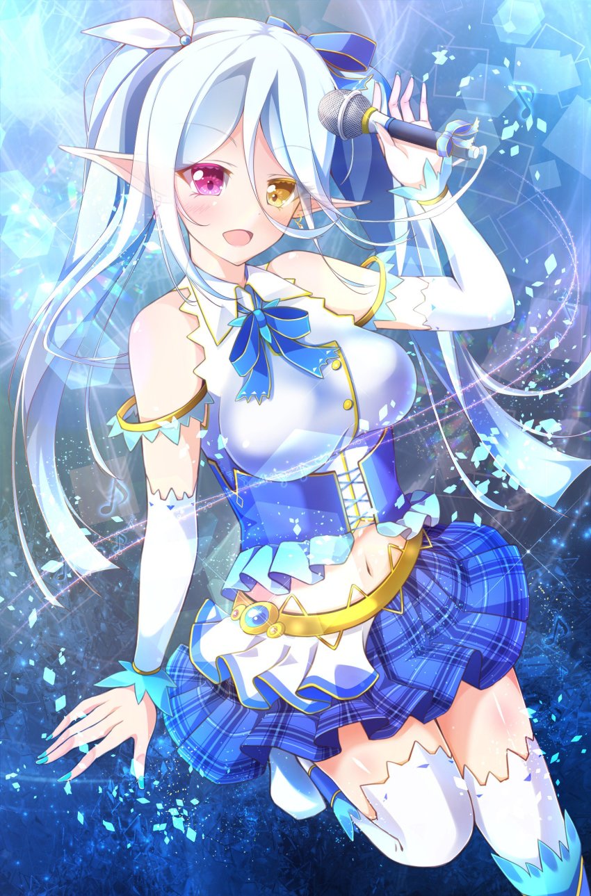 1girl, absurdres, bad_id, bad_twitter_id, bare_shoulders, bemani, blue_background, blue_bow, blue_corset, blue_ribbon, blue_skirt, bow, breasts, corset, detached_sleeves, ear_piercing, eighth_note, ex_takehito, female_focus, gold_trim, heterochromia, highres, holding, holding_microphone, idol, idol_clothes, looking_at_viewer, medium_breasts, microphone, midriff, miniskirt, musical_note, navel, open_mouth, ortlinde=nblg=valkyria, piercing, plaid_clothes, plaid_skirt, pointy_ears, red_eyes, ribbon, skirt, solo, sound_voltex, stomach, thighhighs, twintails, white_hair, white_thighhighs, yellow_buttons, yellow_eyes, zettai_ryouiki