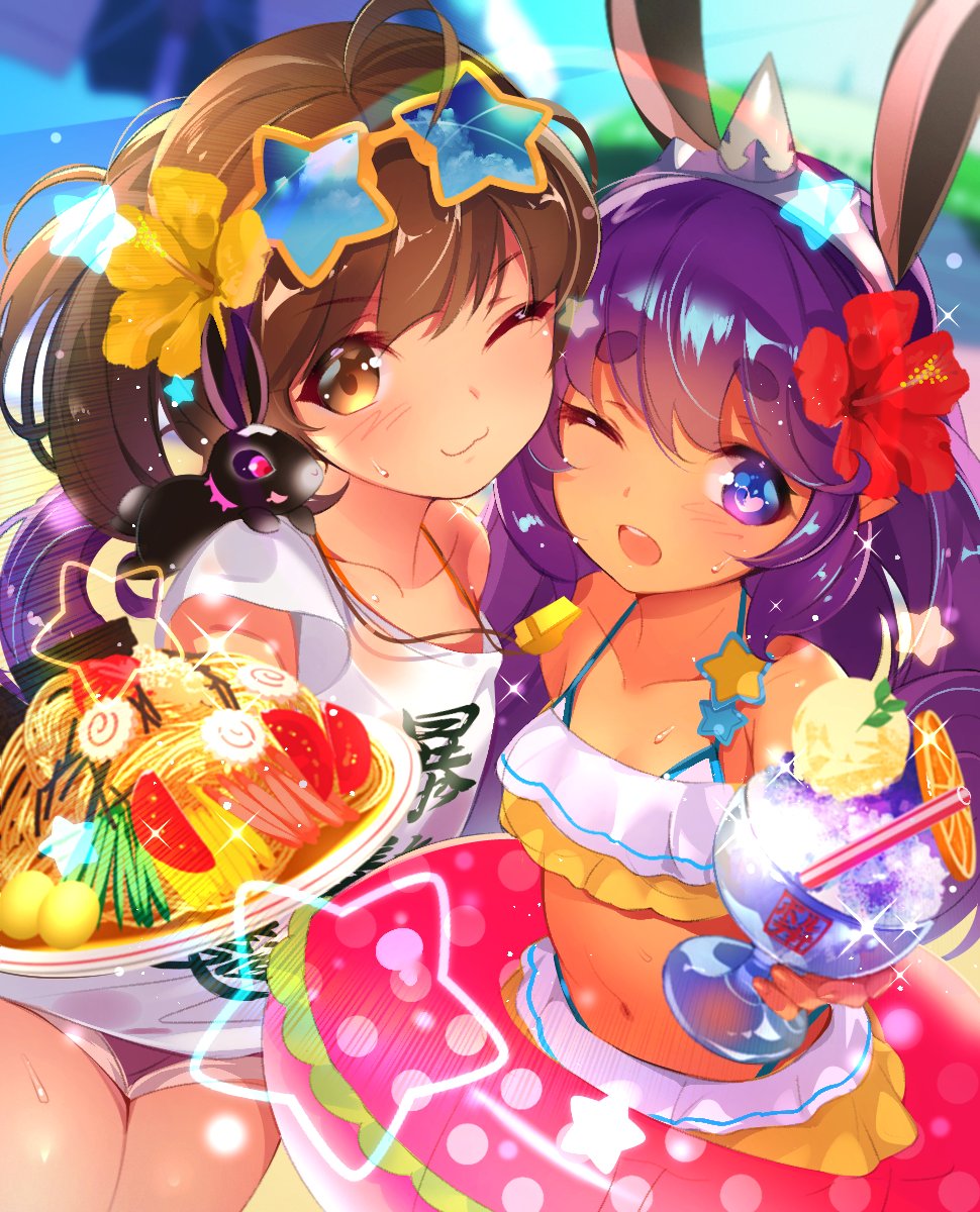 2girls, ahoge, animal_ears, bemani, bikini, blurry, brown_eyes, brown_hair, clothes_writing, depth_of_field, deux_saint-co_pilica, female_focus, flower, food, fruit, fu-mi.a, heart, heart-shaped_pupils, hibiscus, highres, horns, innertube, looking_at_viewer, multiple_girls, noodles, one_eye_closed, open_mouth, orange_(fruit), orange_slice, plate, purple_eyes, purple_hair, rabbit, rabbit_ears, ramen, shaved_ice, shirt, simon_shades, single_horn, sound_voltex, sound_voltex_ii_infinite_infection, sound_voltex_iii_gravity_wars, star-shaped_eyewear, star_(symbol), stomach, straw, swim_ring, swimsuit, symbol-shaped_pupils, tank_top, thick_eyebrows, yamashina_kanade