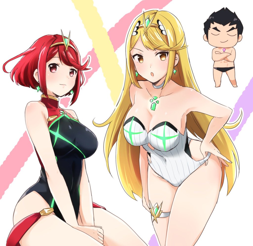 1boy, 2girls, bad_id, bad_twitter_id, bare_shoulders, black_one-piece_swimsuit, blonde_hair, breasts