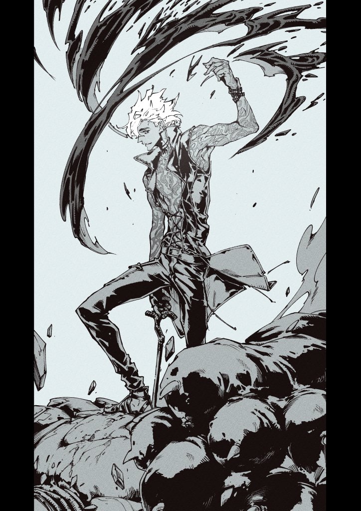 1boy, arm_tattoo, armpits, belt, belt_buckle, black_eyes, black_gloves, black_pants, black_sandals, bracelet, buckle, cane, devil_may_cry_(series), devil_may_cry_5, full-body_tattoo, gloves, grey_background, hatching_(texture), holding, holding_cane, jewelry, male_focus, manly, monochrome, necklace, nightmare_(devil_may_cry), ogata_tomio, pants, parted_lips, pocket, sandals, short_hair, simple_background, solo, standing, tattoo, v_(devil_may_cry), white_hair