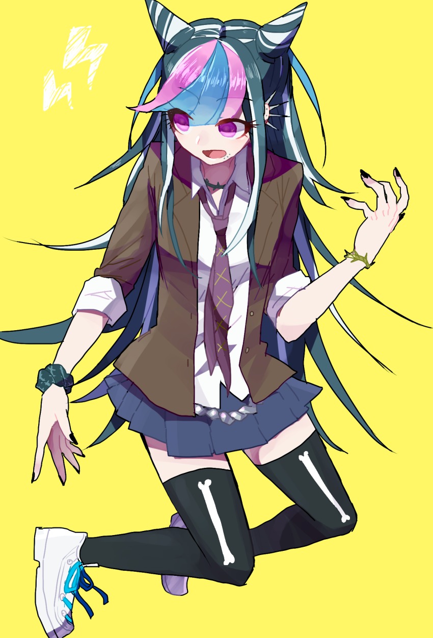 1girl, black_nails, black_necktie, black_thighhighs, blue_skirt, bracelet, brown_jacket, commentary_request