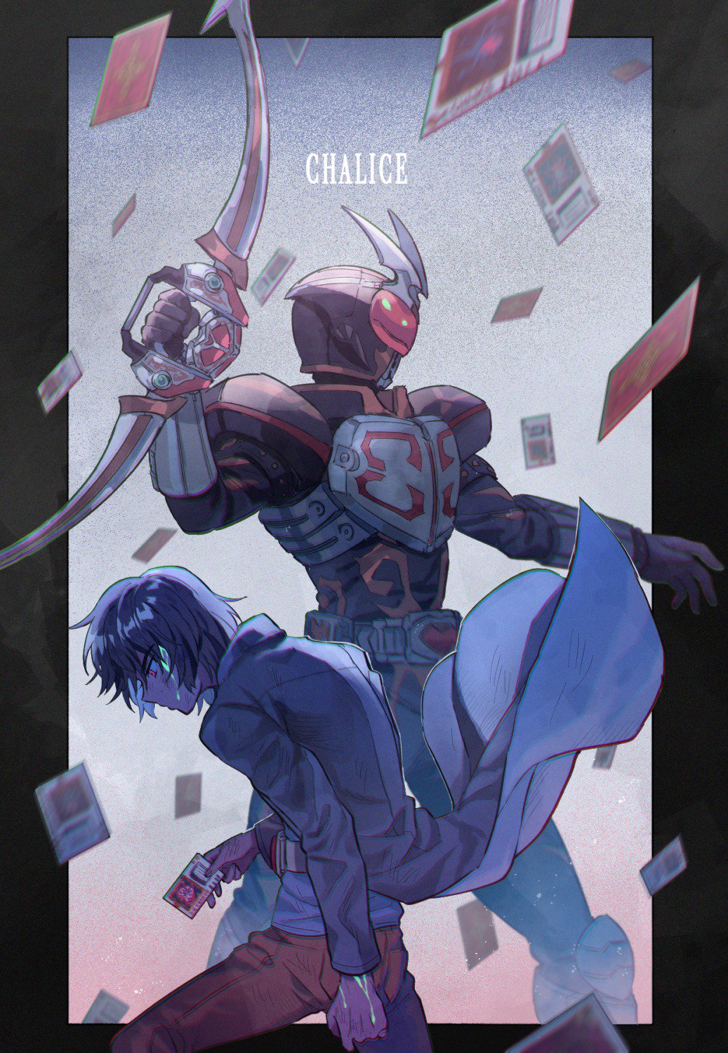 aikawa_hajime, armor, blood, bow_(weapon), breastplate, card, colored_blood, dual_persona, green_blood, highres, holding, holding_card, kamen_rider, kamen_rider_blade_(series), kamen_rider_chalice, long_coat, male_focus, profile, red_eyes, rider_belt, shinonoko_(tubamecider), weapon