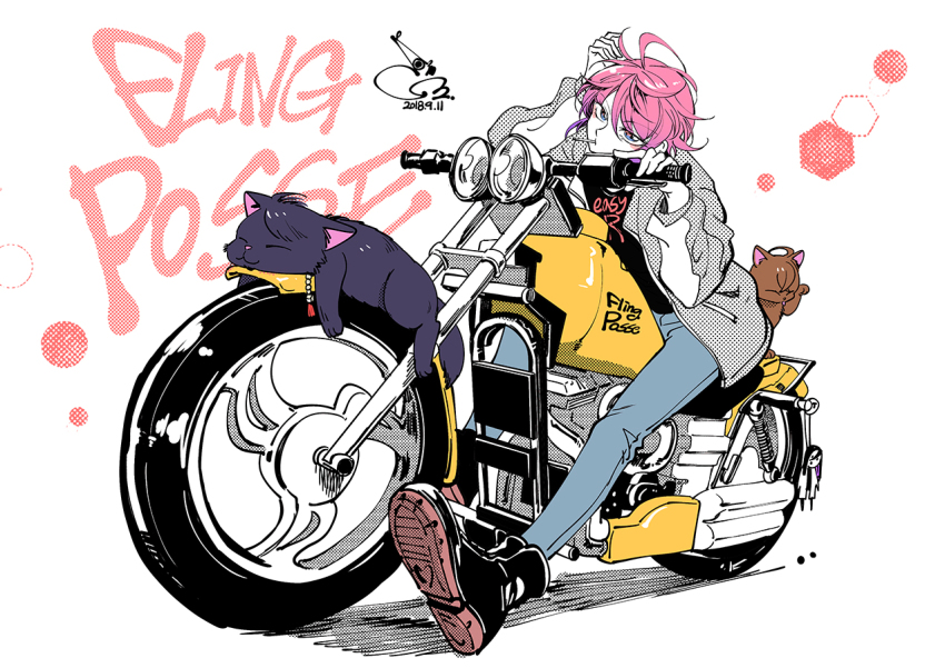 1boy, :3, amemura_ramuda, animal, animalization, arisugawa_dice, bad_id, bad_pixiv_id, bae_(baebae), black_cat, blue_eyes, cat, dated, hypnosis_mic, looking_at_viewer, male_focus, motor_vehicle, motorcycle, on_motorcycle, paw_pose, pink_hair, smile, yumeno_gentaro