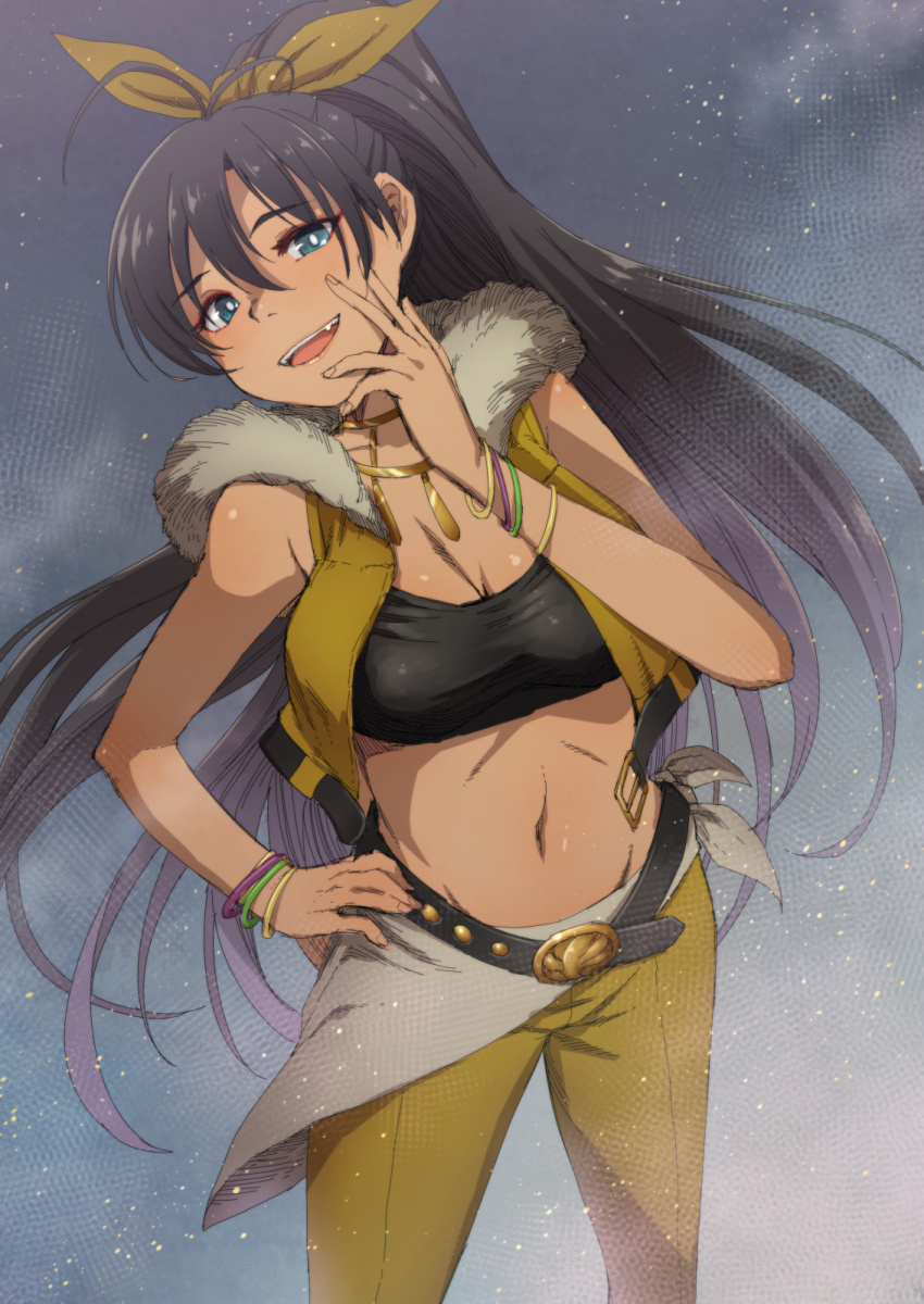 1girl, :d, antenna_hair, beyond_the_vibes, black_bra, black_hair, blue_eyes, bow