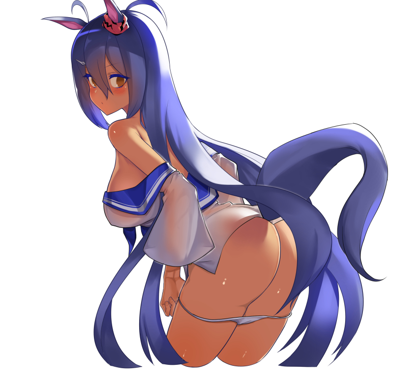 1girl, :/, absurdres, animal_ears, ass, bad_id, bad_pixiv_id, blue_hair