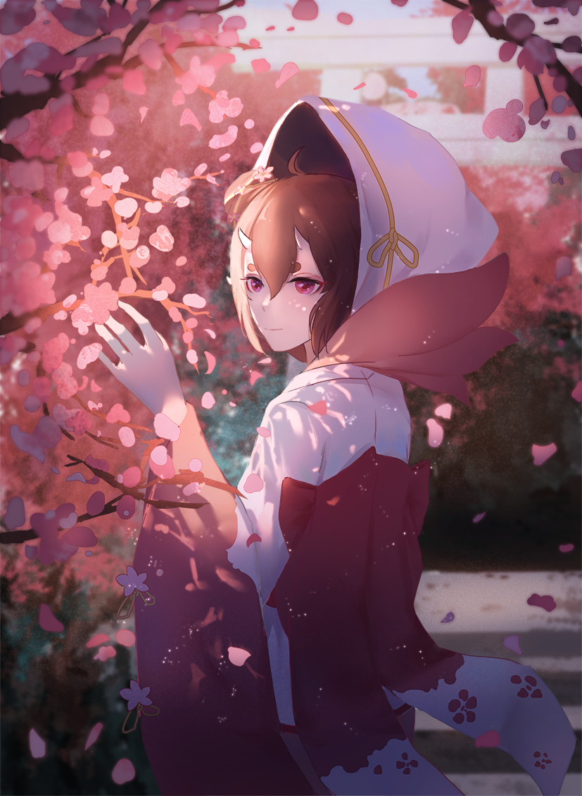 1girl, bad_id, bad_pixiv_id, brown_hair, cherry_blossoms, female_focus, hiruno_baizhou, hood