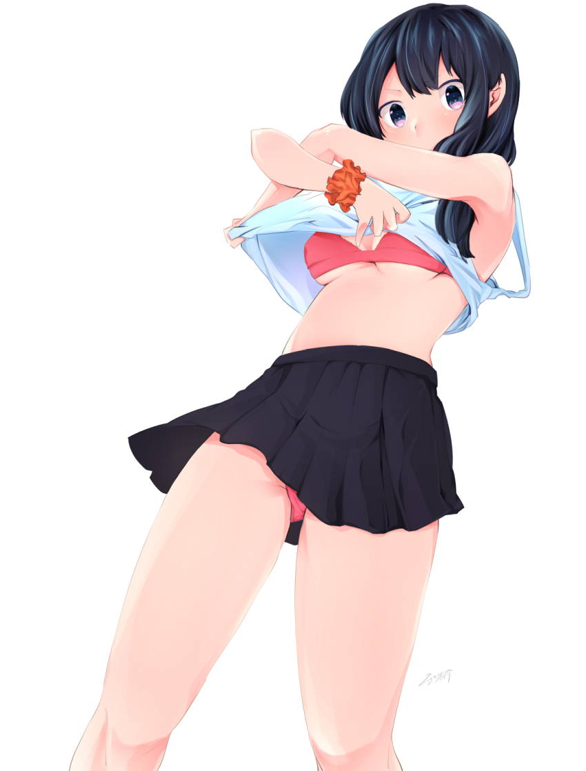 10s, 1girl, bikini, bikini_under_clothes, black_hair, black_skirt, blue_shirt, blush