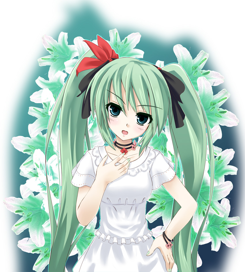 flower, green_eyes, green_hair, hair_ribbon, hatsune_miku, long_hair, ribbon, solo