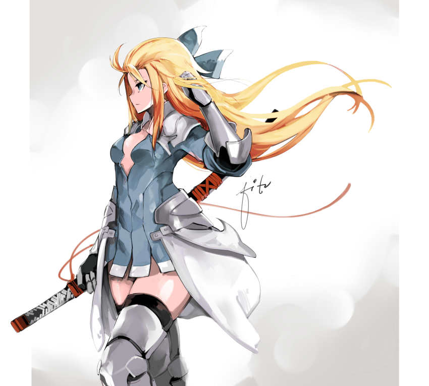 1girl, absurdres, arm_up, armor, blue_dress, blue_eyes, bravely_default:_flying_fairy, bravely_default_(series)
